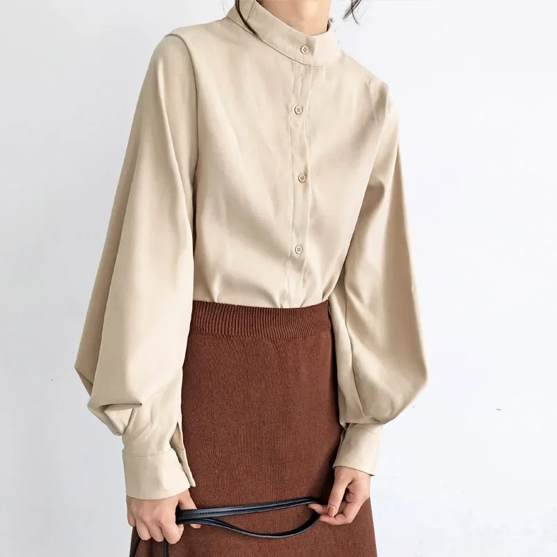 New 2022 Shirt Women Lantern Sleeve Single Breasted Stand Collar Blouse Office Lady Korean Style Solid Color Basic Tops Female