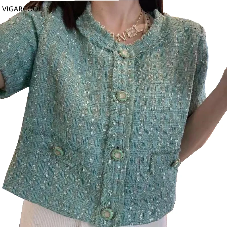 

French Retro Small Fragrance Short Sleeve Jacket Women's 2023spring and Summer New Fashion Versatile Fashion Tweed Jacket Female