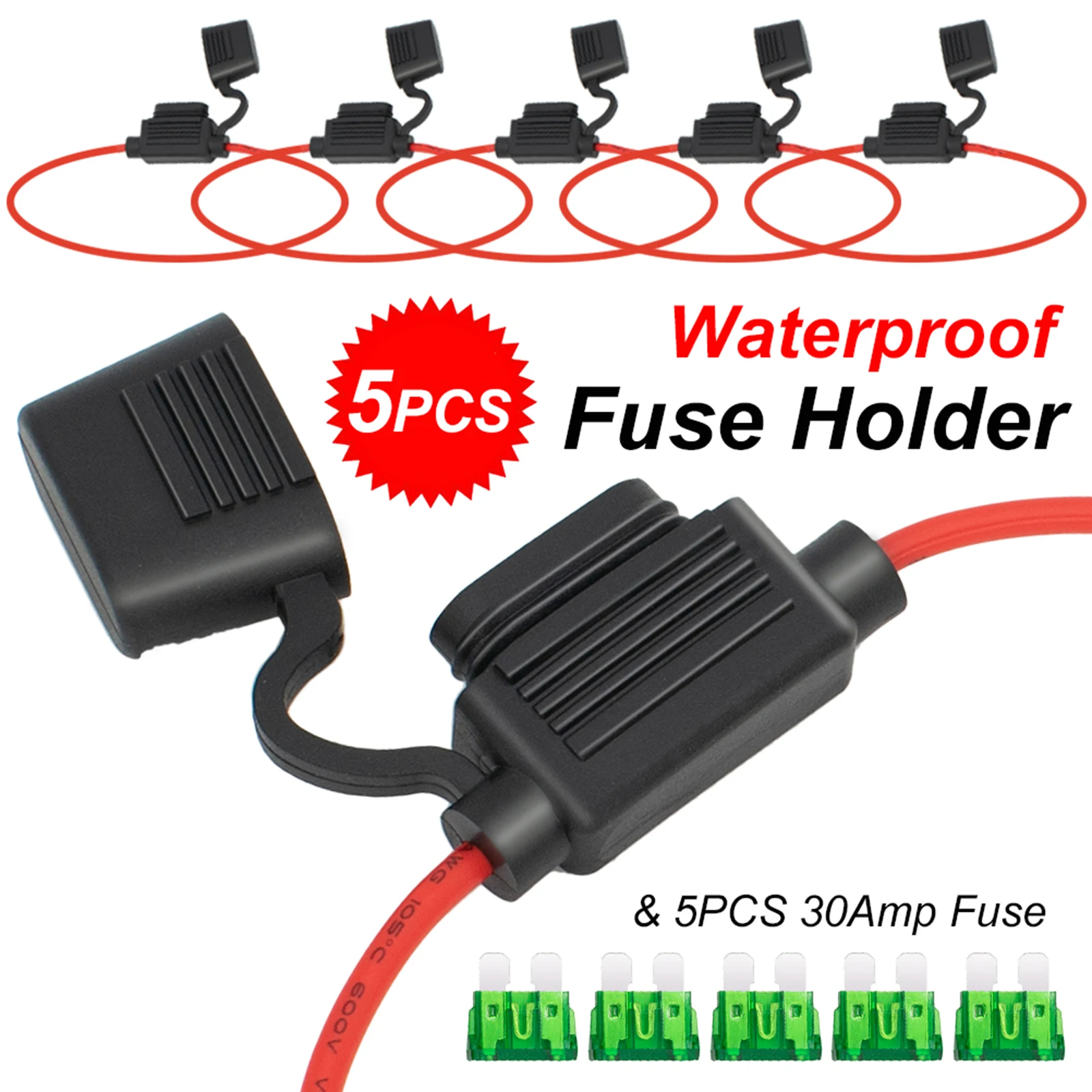 

5pcs Waterproof Power Socket Standard Blade Type Inline Fuse Holder with 30A Fuses ATC Auto Car Replacement Fuse Holders 12 AWG