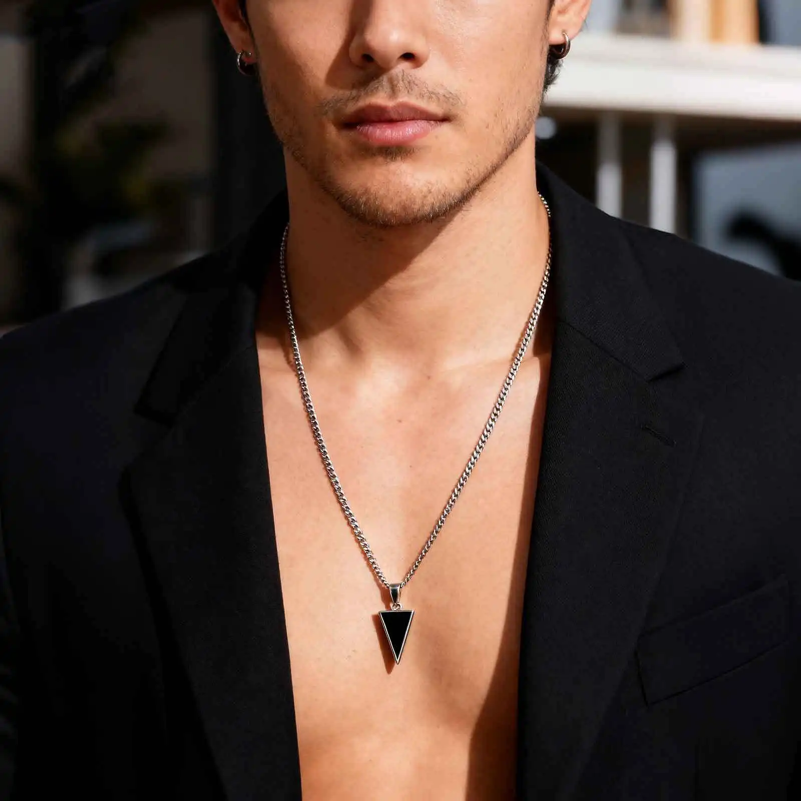 Man Triangular Black Agate Pendant Necklace,Waterproof Stainless Steel Natural Stone Geometric Pendant,Birthday Party Gift