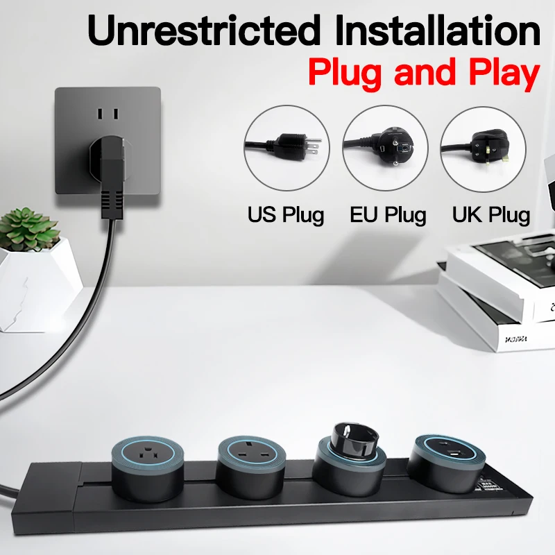 Wall‑Mounted Power Track Outlet Rail, Modular Sliding Socket Strip with USB‑C, US/EU/UK Adapters, Grey/Black, For Office Home 2