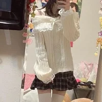 Women Off Shoulder Knit Sweater Pink Pullover Sweet Pullovers Long Sleeve Bow Lace Patchwork Jumpers Y2k Streetwear - Image 2