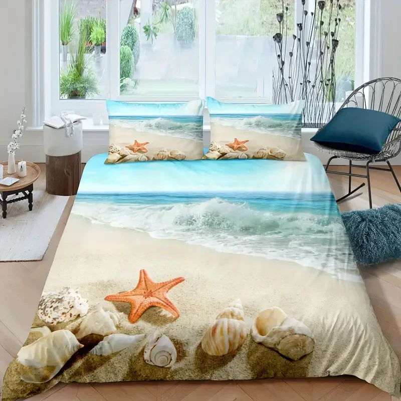 Family Vacation Orange Red Sea Star Shell Conch Beach Ocean Waves Print Soft Comfortable Bedding Set for Bedroom Dorm Room