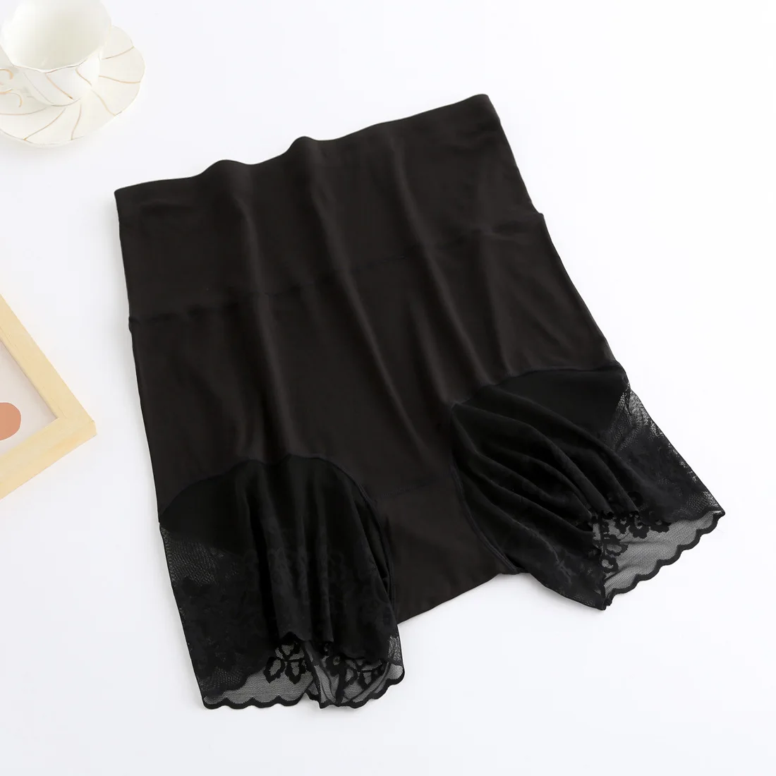 New women Large size sexy lace antiwiping safety pants Female high waist tummy modal transparent mesh shorts 145kg