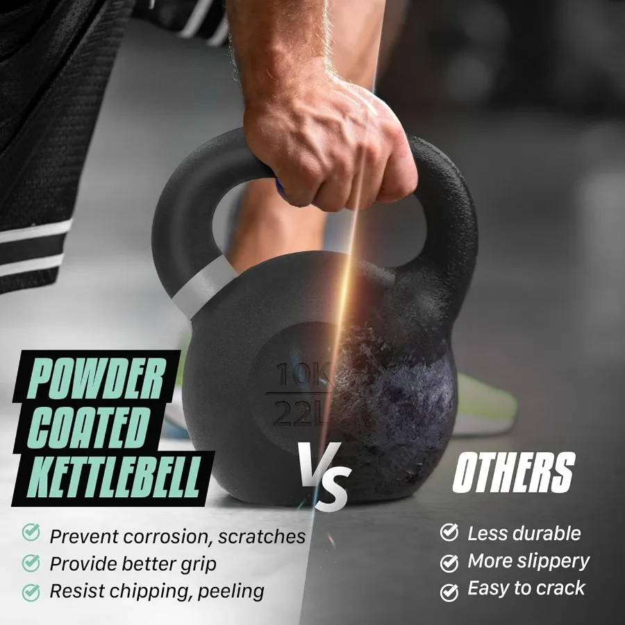 Powder Coated Kettlebell, Cast Iron Core Kettlebells with Non-Slip Handle & Flat Bottom for Conditioning, Heavy Duty for Strengt