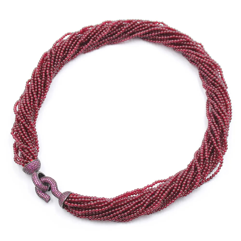 20 Strands Natural Smooth Round Garnet Beads Necklace Gunmetal Color Plated Purple CZ Pave Clasp 19inch For Women