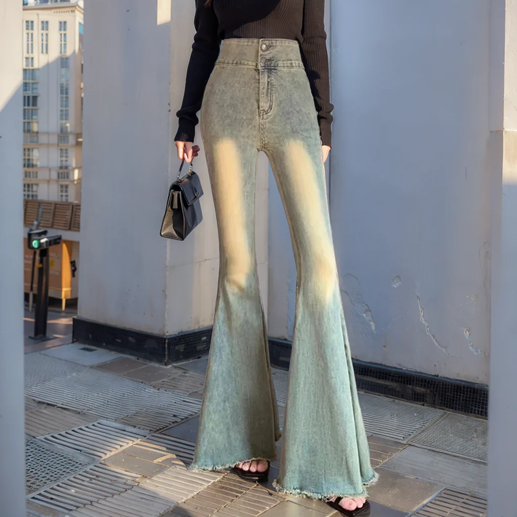 

Винтажные расклешенные джинсы SuperAen 2024 с потертостями и грубыми краями, женские весенние широкие брюки с высокой талией, повседневные джинсы «рыбий хвост»