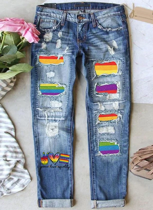 

Women's Jeans Summer Fashion Rainbow Stripe Graphic Heart Letter Print Patchwork Ripped Casual Skinny Pocket Jeans Streetwear