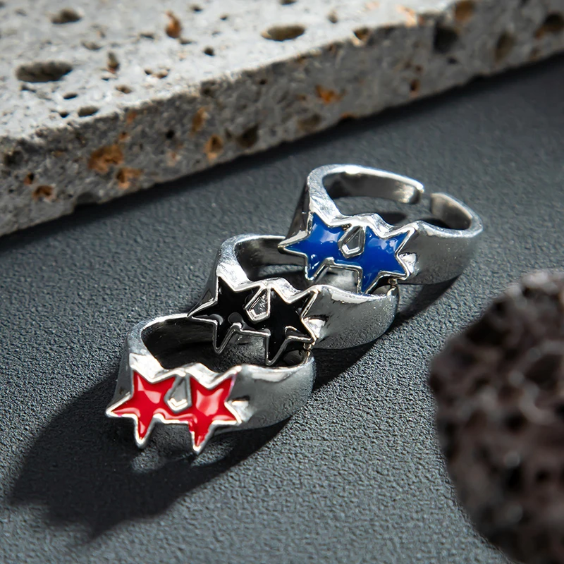 Vintage Black Drip Oil Pentagram Star Open Rings For Women Men Hip Hop Rock Metal Star Adjustable Couple Rings Jewelry 5