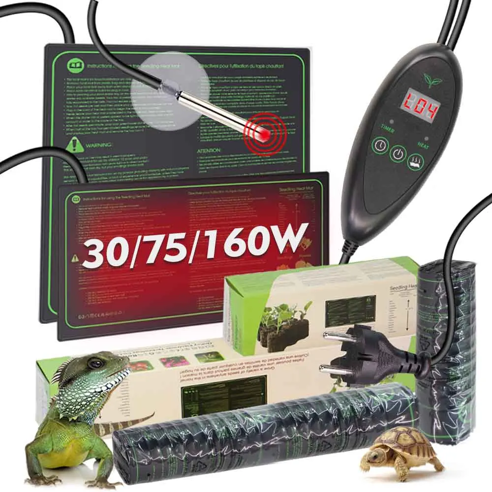 30/75/160W PVC Timing Reptile Heat Mat Temperature Control Greenhouse Indoor Garden Waterproof Heating Pad Seedling Heater