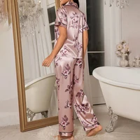 Women's Pajamas Elegant Satin Sleepwear Pj Set Flower Print Short Sleeve Buttons Lapel Tops & Long Pants Nightwear Home Clothes - Image 2