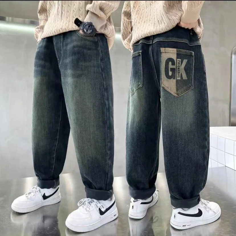 Calças Jeans Estilosas e Soltas para Meninos, Tamanhos Médio a Grande, Calças Premium da Uke Man, Moda Primavera-Outono com C...