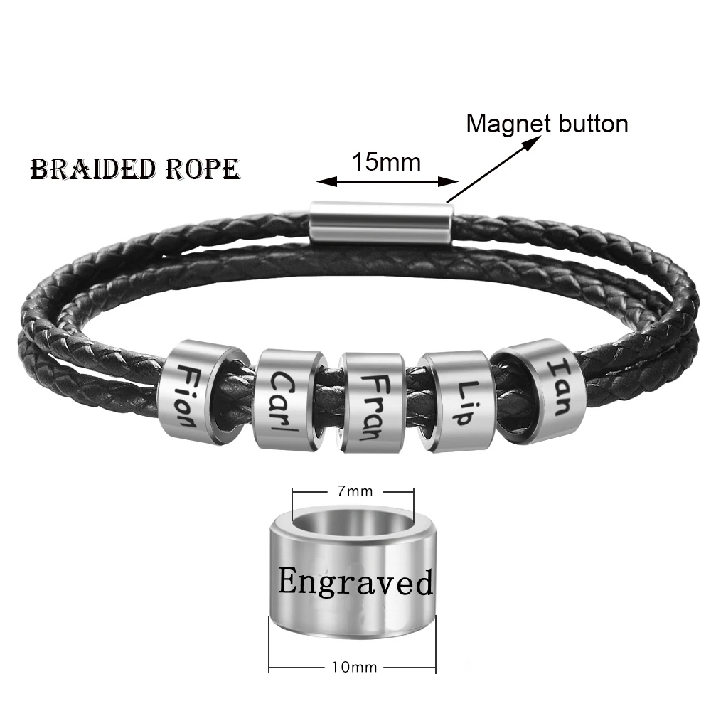 Customized Stainless Steel Mens Leather Bracelet for Father's Day Family Gift Personalized Name Bead Charms Bangle Jewelry