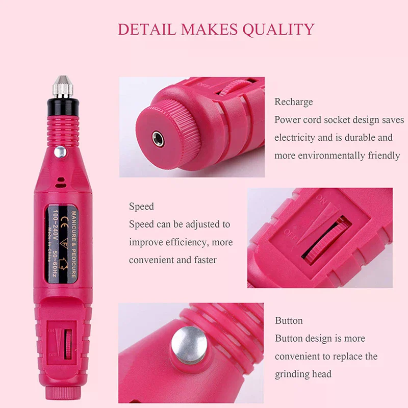 Electric Nail Drill Machine Set,Professional Manicure & Pedicure Kit With 6 Drill Bits, USB Rechargeable & Adjustable Speed