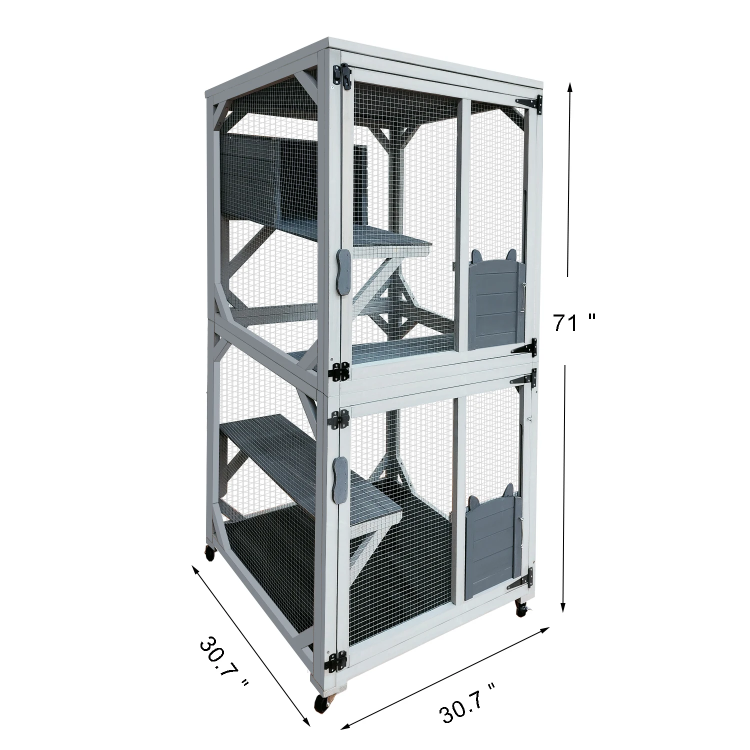 30.7" Wooden Outdoor Cat Enclosure, Luxury Cat House with Napping House Large Kitty Condo Cage Shelter with Sliding Doors