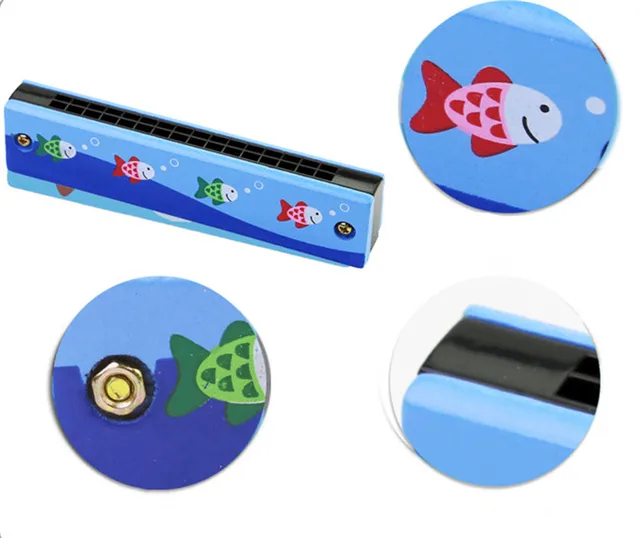16 Holes Children Harmonica Wooden Double Row Blowable Harmonica Cute Cartoon Pattern Beginner Kids Musical Educational Toys 6