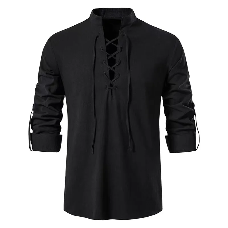 

2023 Spring/Summer New Men's Cotton Linen Shirt Standing Collar Long Sleeve Casual Henley Shirt Foreign Trade European Size