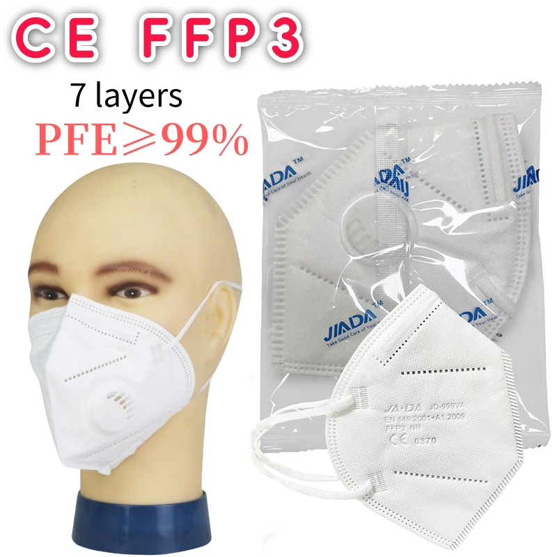 Lot de 10 masques FFP3 NR CE 7 couches avec valve, emballage individuel scellé, prêts à l’emploi.