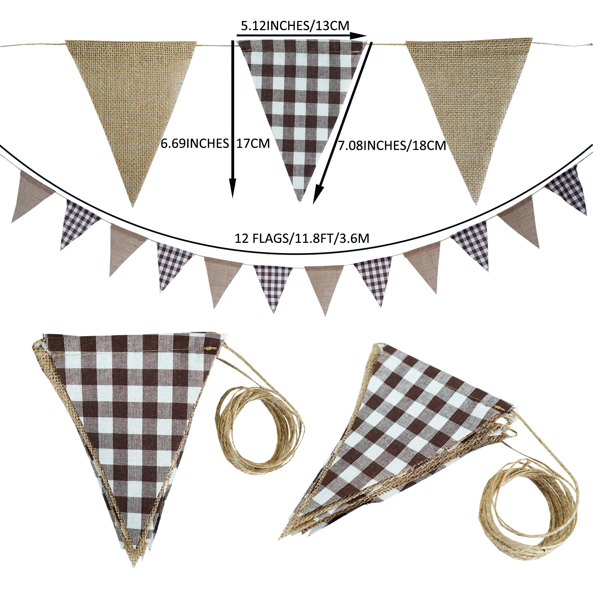 12 Flaggen, kariertes Stoff-Wimpelband, Jute-Wimpel, Hochzeits- und Partydekoration, Vintage-Banner, Heimdekoration, Babyparty, Karnevalsgirlande – Detail 17