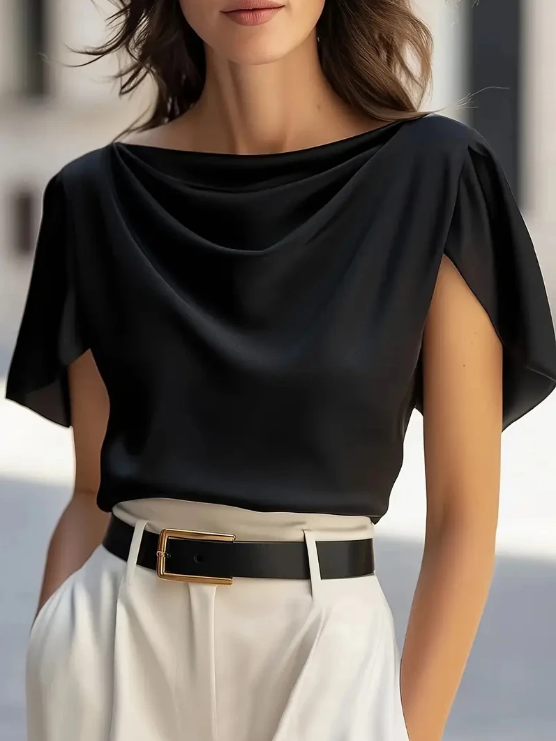 Elegante Bluse mit drapiertem Kragen und Schmetterlingsärmeln für Damen, lässig, für Büro, formelle Anlässe und Partys
