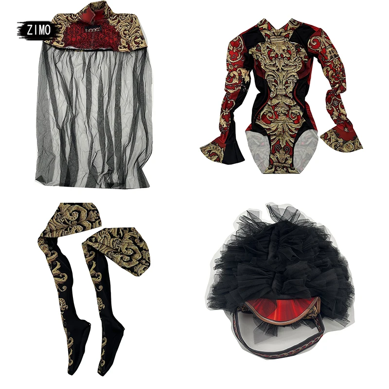 Man Womens Stage Performance Army Uniform Cosplay Costume Vintage Printing Bodysuit Jumpsuit Cape Dance Outfit Role drag queen - 3