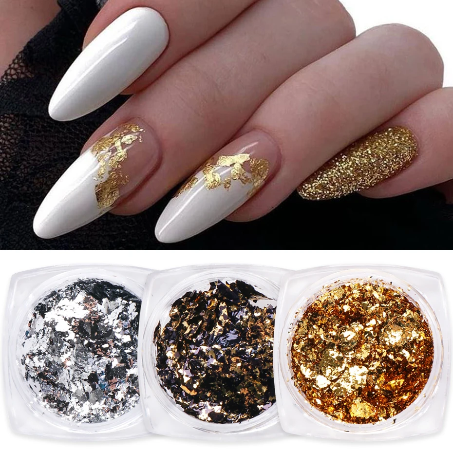 1 Box Gold Glitter Flakes Irregular Aluminum Foil Sequins Nails Chrome Powder Winter Manicure Nail Art Decorations LY1858-1 nail glitter