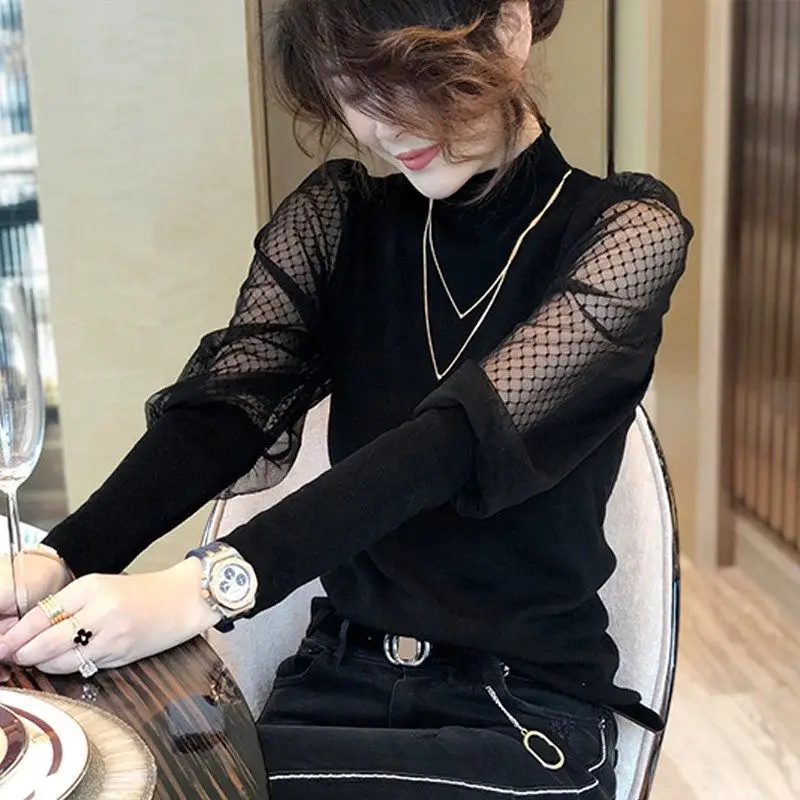 

Retro Lace Mesh Knitted Shirt for Women Half High Collar Long Sleeve Thin Pullovers Spring Autumn Female Elegant Blouse Tops