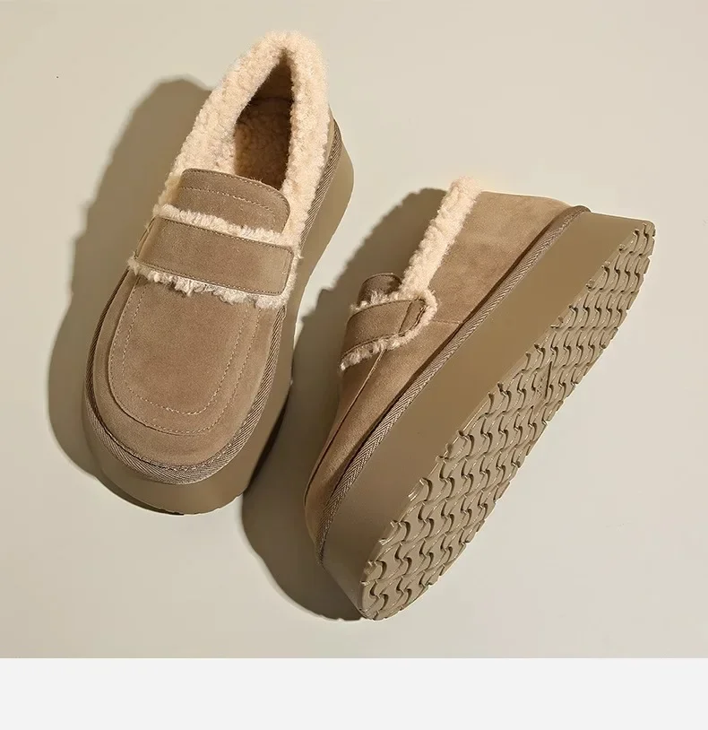 Women's Thick Soled Snow Boots Autumn Winter Plush Boken Shoes Retro Height Increasing Warm Anti Slip Cotton Shoes Loafers