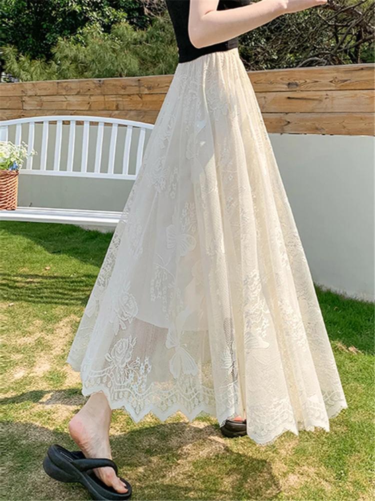 【BOHEMIAN SEOUL】BOHEMSEO CHECK LAYERED UNBAL FLARE SKIRT Seoulish High Waist Lace Crochet Printing Women's Party Long