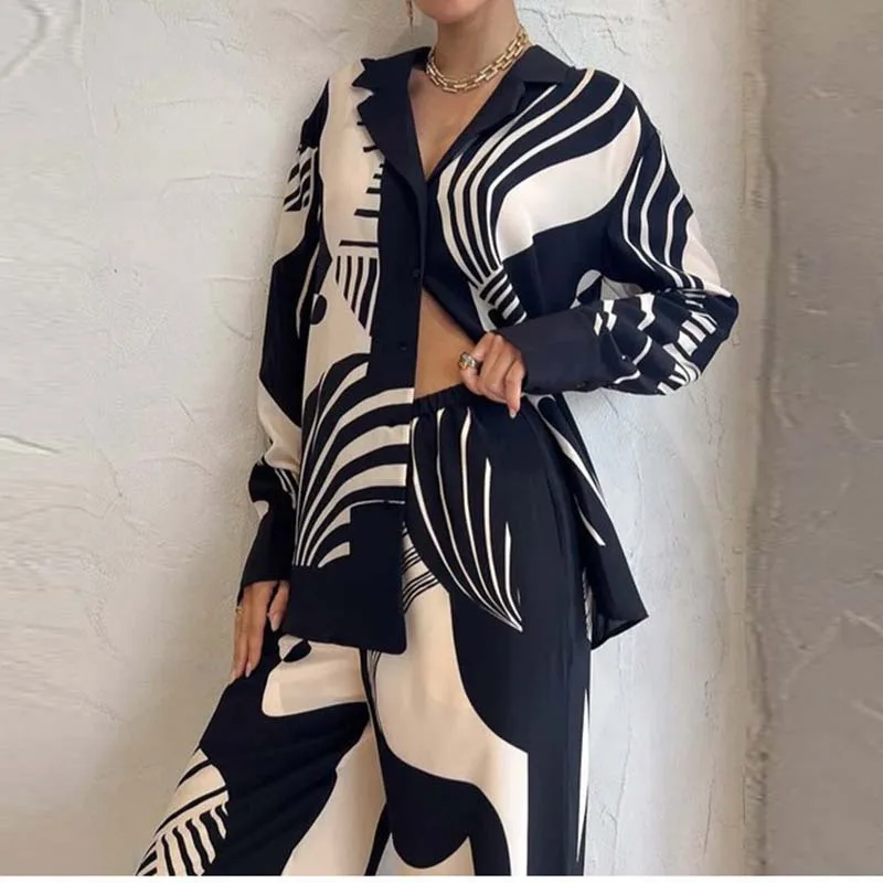 Women Digital Print 2 Piece Set Chic Lapel Long Sleeved Blouse Top Loose Straight Leg Pants Suit Fashion Streetwear Outfits 2023