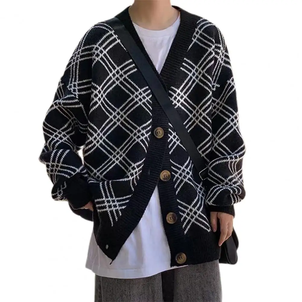 

Sweater Coat Plaid Print Long Sleeves V Neck Single-breasted Cardigan Loose Men Autumn Coat