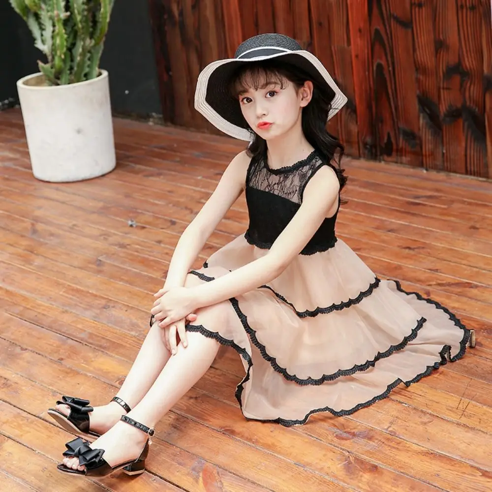 Elegant Sleeveless Girls Princess Dress Loose Teens Summer Lace Dress Sweet Party Children Mesh Dress Holiday