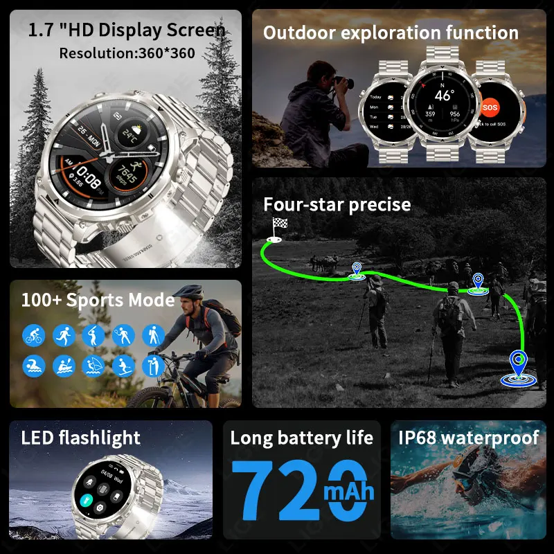 LIGE Outdoors GPS Tracker Smart Watch Men 720mAh Battery 1.7" HD BT Call IP68 Flashlight Compass Man 100+ Sports Smartwatch 2026