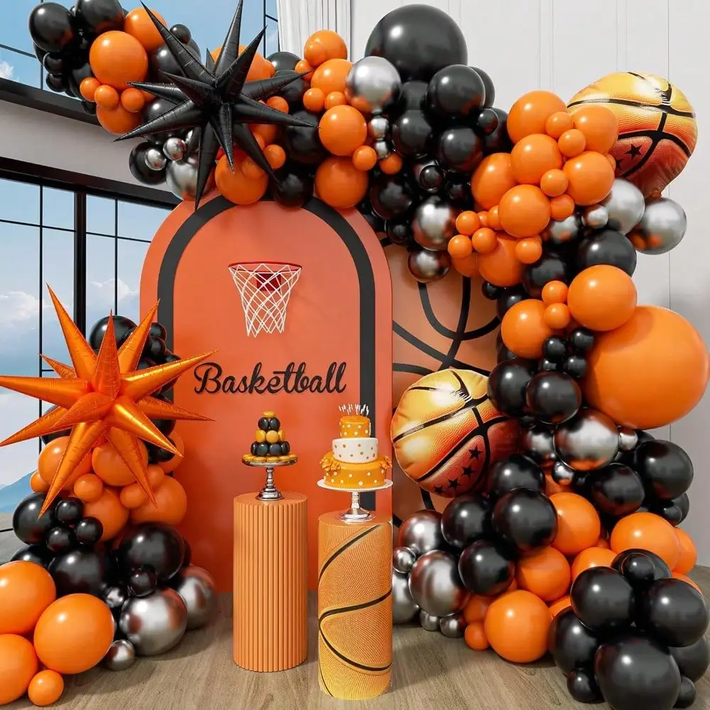 124pcs Party Decorations Basketball Style in Orange Basketball Star Sphere Latex Foil Balloons Kit for Sports Themed Birthday