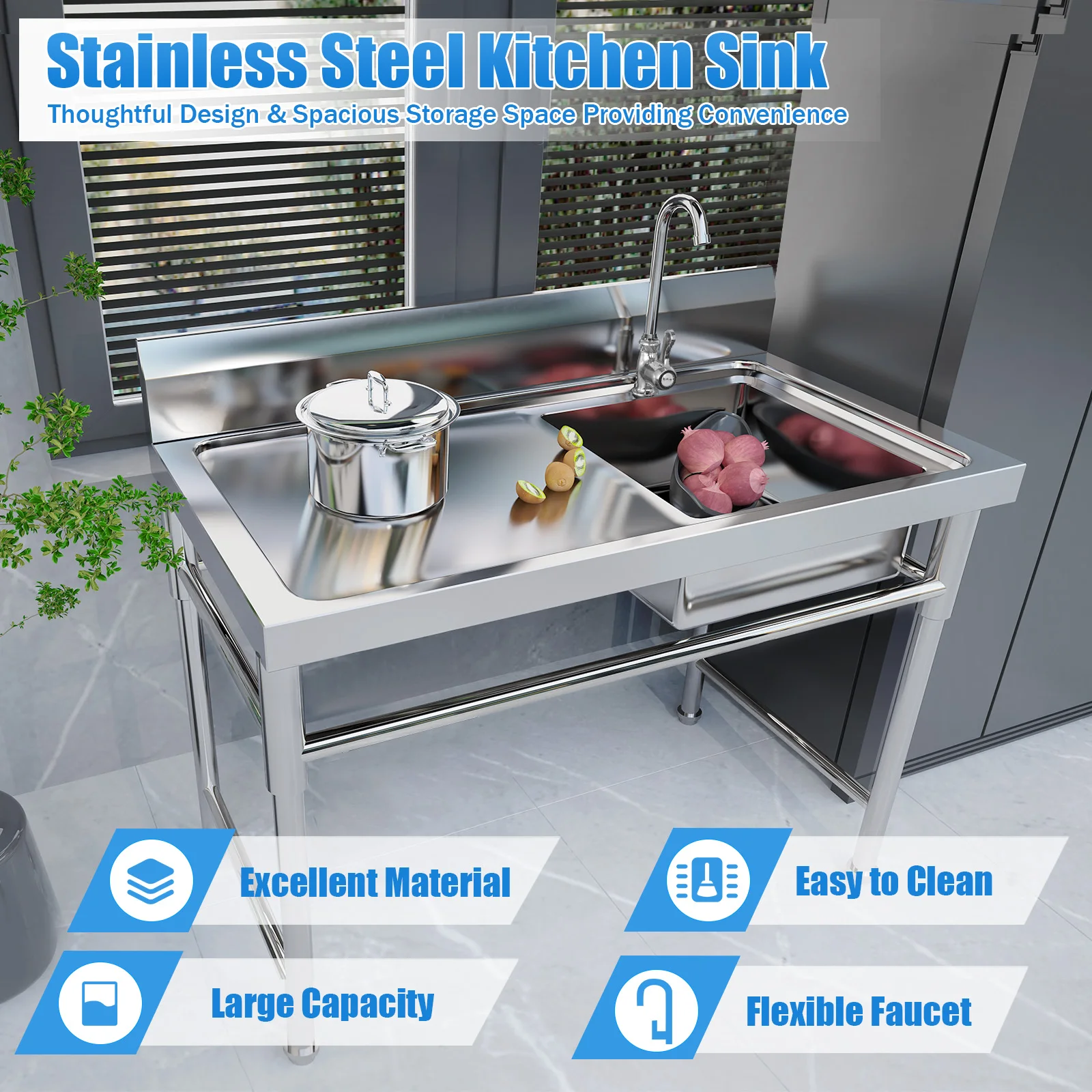 304 Stainless Steel Sink Single Bowl Commercial Kitchen Sink w/Workbench, Stainless Steel 47" x 24" x 32" 3