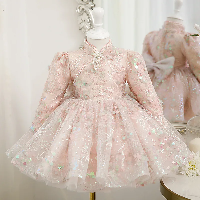 

IYEAL Children's Sequins Dress Princess Dress Girls' High end Dress Host Piano Performance Dress Flower Girls Long Sleeve Dress