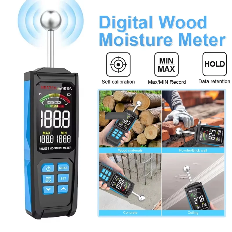 WM710A Digital Wood Moisture Meter Hygrometer Non-contact Timber Damp Detector Alarm Non-destructive Measurement Humidity Tester wood moisture meter