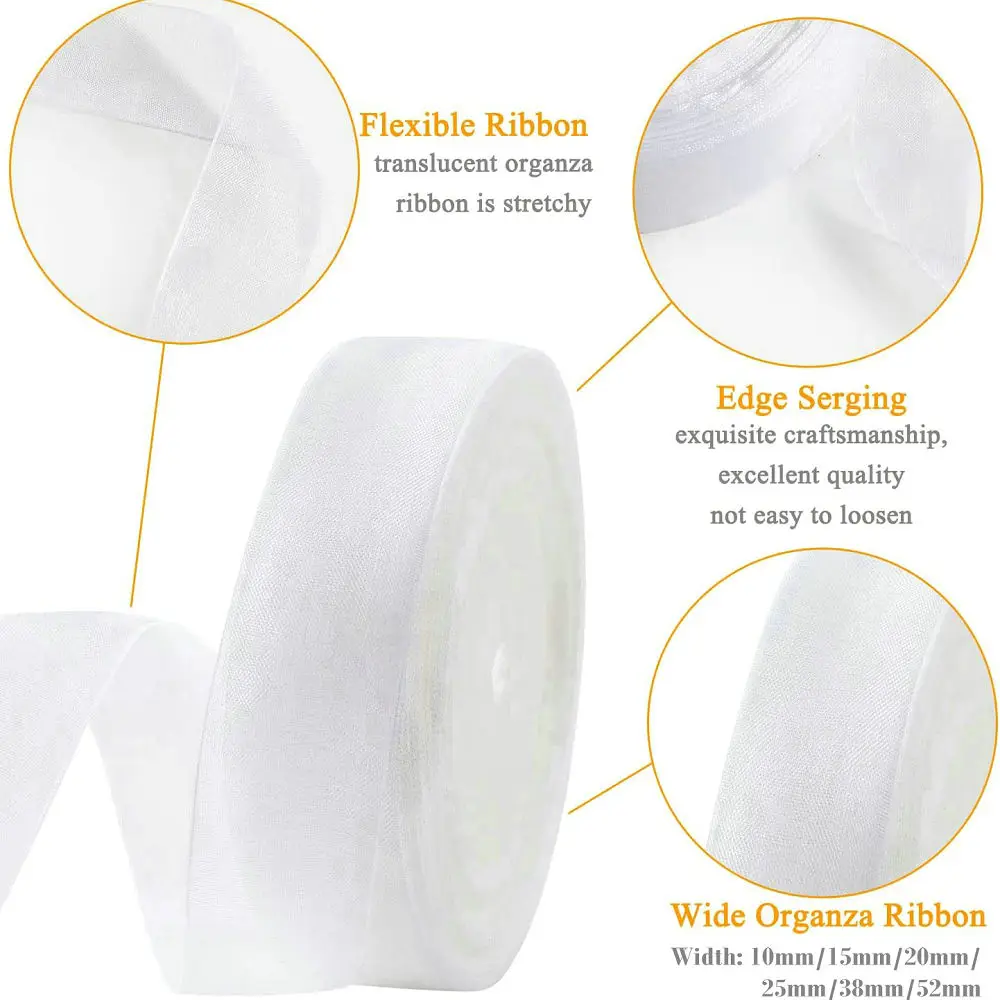 50 Yards White Sheer Chiffon Ribbon Organza Satin Ribbons for Gift