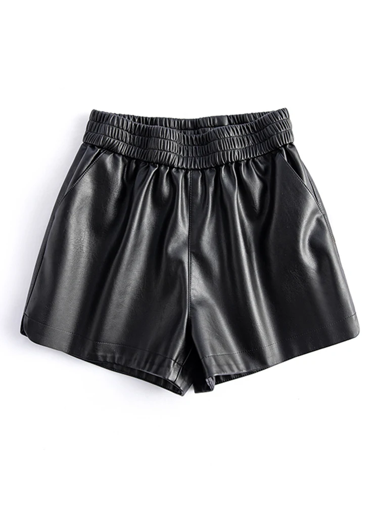 New 2024 Real Leather Shorts for Women Wide Leg Short Women Genuine Sheepskin Leather Pants High Waist Black Shorts Ropa Mujer 3