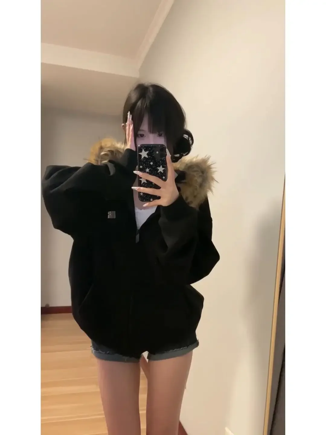 Description Picture 6 of itemY2k Women Black Zip Up Hoodies Vintage Korean Preppy Style Faux Fur Coat Oversized Casual Sweatshirt Harajuku Autumn Winter