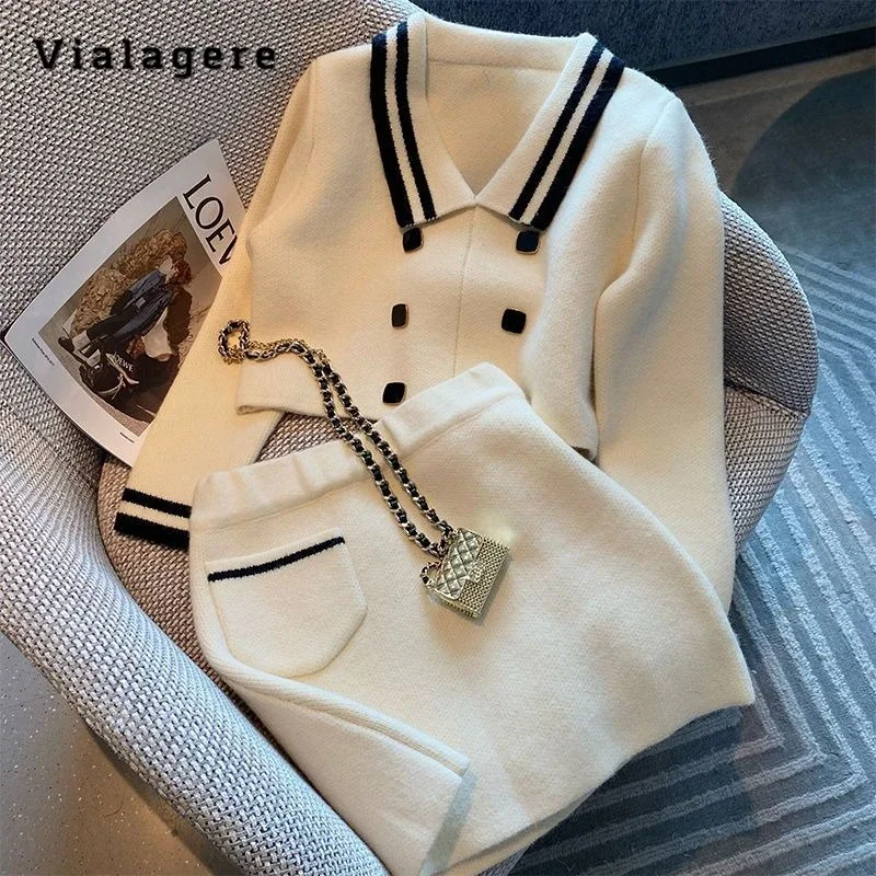 2024 Elegante Sexy Office Lady 2 Pezzi Set Donna Manica Lunga Colletto Peter Pan Top + Gonna A Trapezio Set Gonna A Due Pezzi Di Lusso