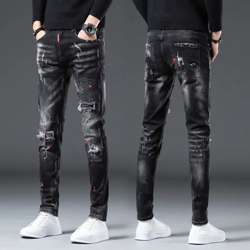 

New Arrival Spring Autumn Denim Jeans for Men Slim Distressed Ripped Pants Paint Splatter Design Streetwear Luxury Slim Jeans