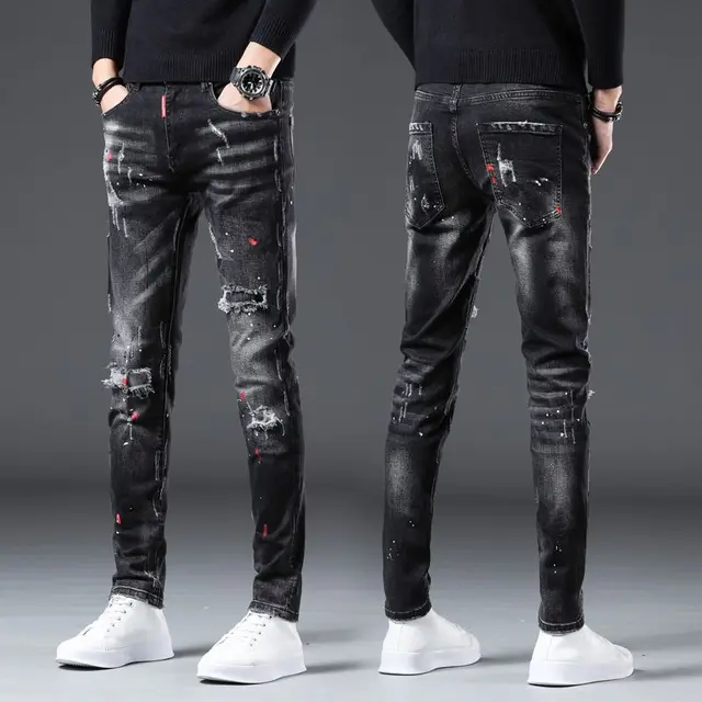 Nouveauté printemps automne Denim jean pour hommes mince en détresse déchiré pantalon peinture éclaboussures conception Streetwear luxe mince jean 1