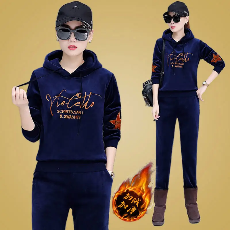 Golden Velvet Set Women's 2023 Autumn/Winter New Korean Edition Sports Set Plus Plush Thickened Hooded Top Two Piece Set