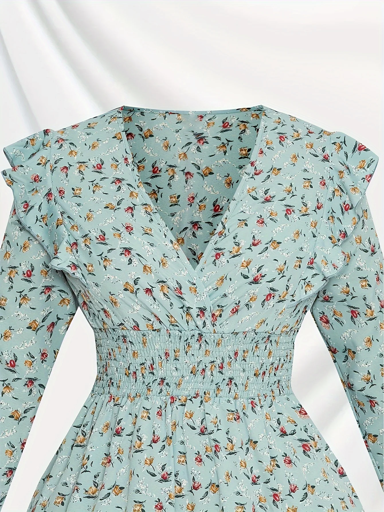 

Finjani Women's Plus Ditsy Floral Print Shirred Nipped Waist Ruffle Trim Long Sleeve V Neck Slight Stretch A-line Maxi Dress