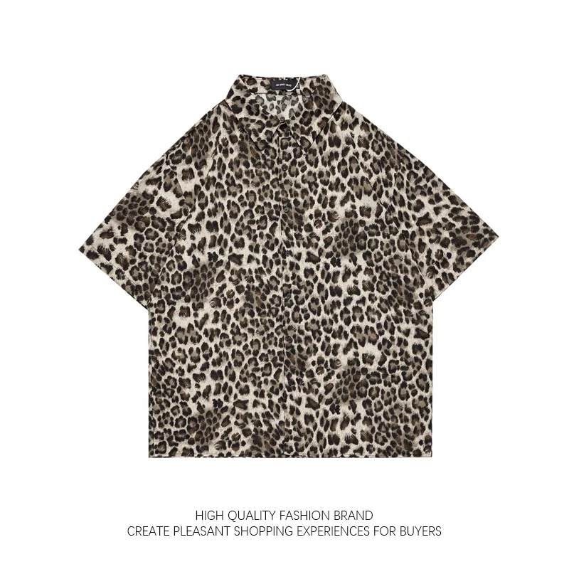 

American Retro Leopard Full Print Short Sleeved Shirt Men Women's Hong Kong Vintage Loose Bf Niche Clear Texture Blouse Jacket