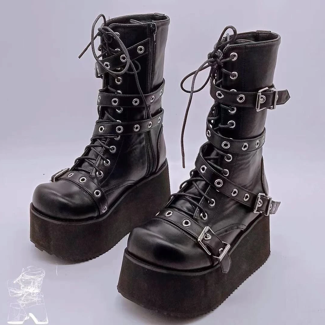 

Men Women's Boots Couple Goth Shoes High Flats Platform Fashion Belt Buckle Combat Rivets Street Shooting Female Mid Calf Wedges