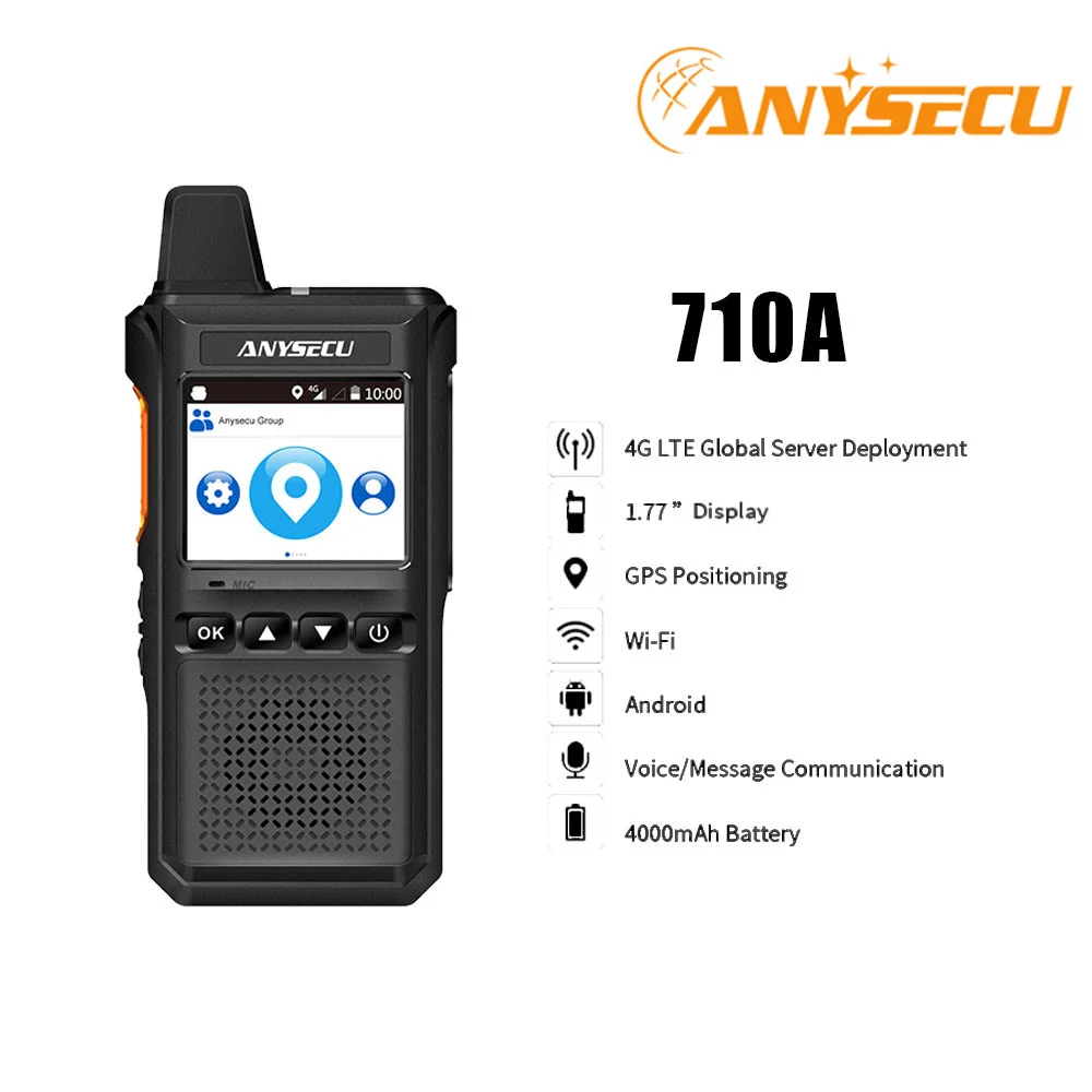 

Anysecu 710A 4G POC Radio 4000mAh IP54 WIFI Support Android 8.1 Works with Realptt or Zello With GPS