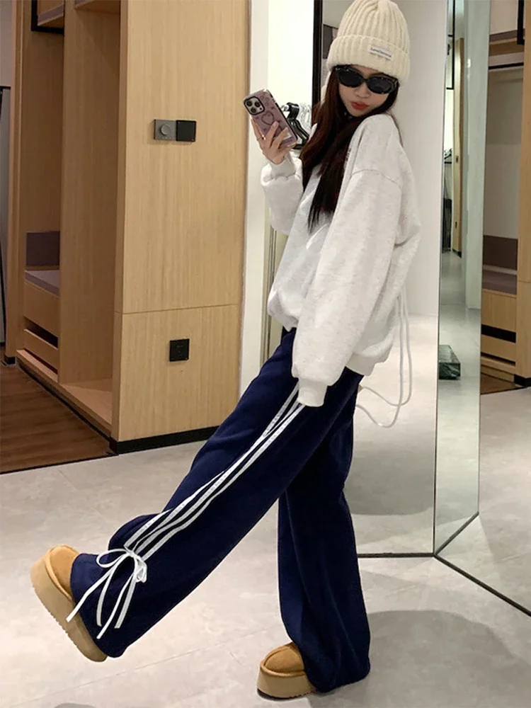 Women Stripe Sweatpants 2024 Spring Summer Bow Y2k Simple Casual High Waist Straight Wide Leg Trouser Female Sporting Trousers