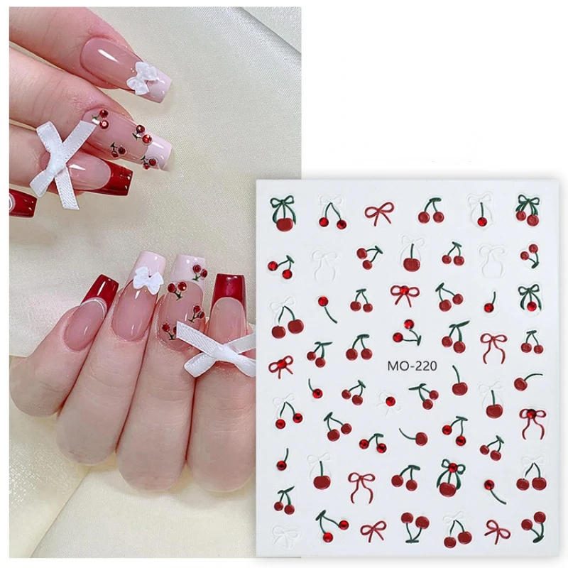 

5D Embossed Crystal diamond wine red cherry Nail Stickers Simple DIY Art Manicure Decals For Nail Tips Beauty